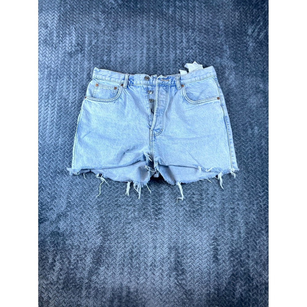 Zara Cut-Off Shorts Womens 32 Blue Denim Light Wash Workwear Raw Hem Button Fly